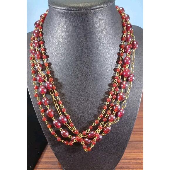 Red Glass Bead Necklace Goldentone 4 Strand Beautiful Costume India Glamorous - Picture 1 of 4